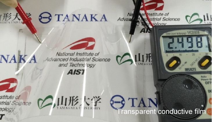 Figure 1. Transparent flexible substrates with 0.8 μm wiring (Source: AIST, the University of Tokyo, Yamagata University, TANAKA KIKINZOKU KOGYO, and the Japan Science and Technology Agency (JST))